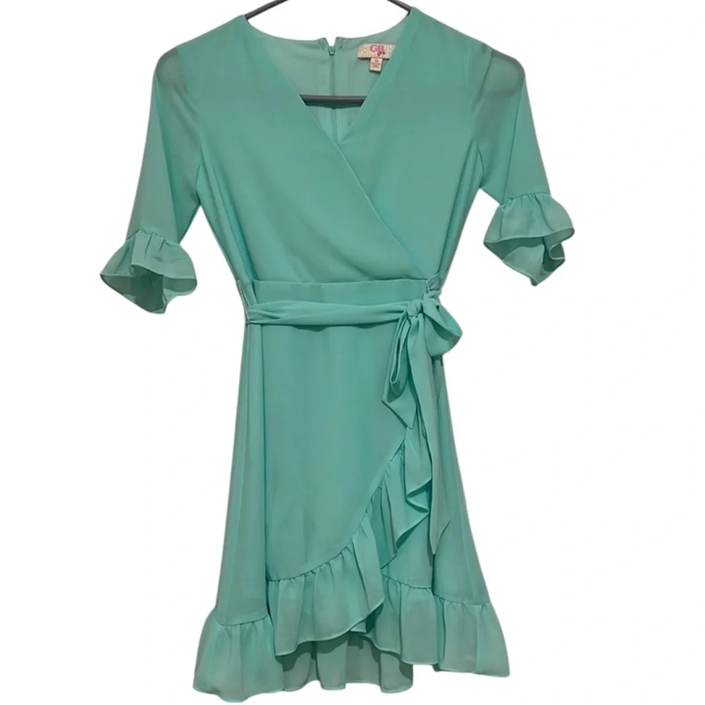 Girls Short Sleeve Wrap Front Ruffle Hem Dress, Size 10
